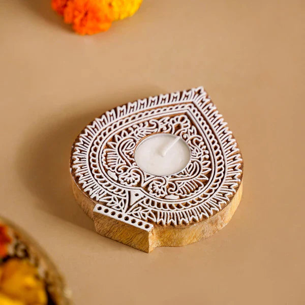 Wooden Hand Block Paan Shape Diya pair