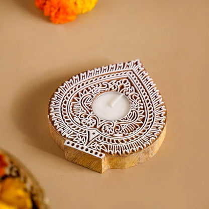 Wooden Hand Block Paan Shape Diya pair
