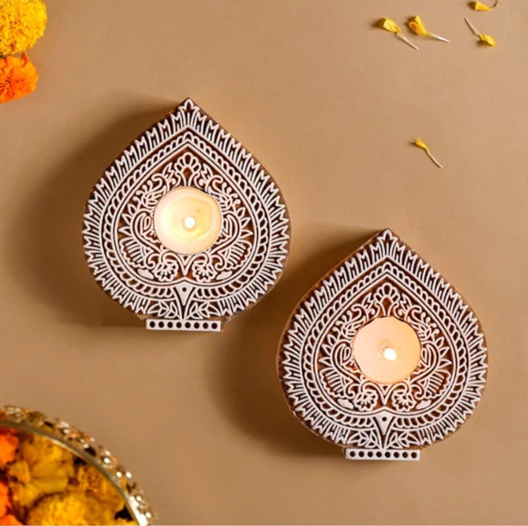 Wooden Hand Block Paan Shape Diya pair