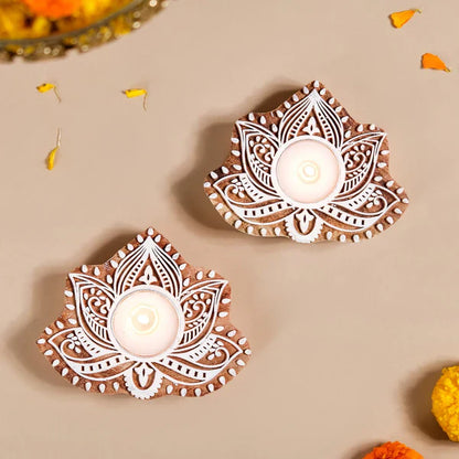 Wooden Hand Block Lotus Flower Shape Diya Pair