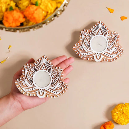 Wooden Hand Block Lotus Flower Shape Diya Pair