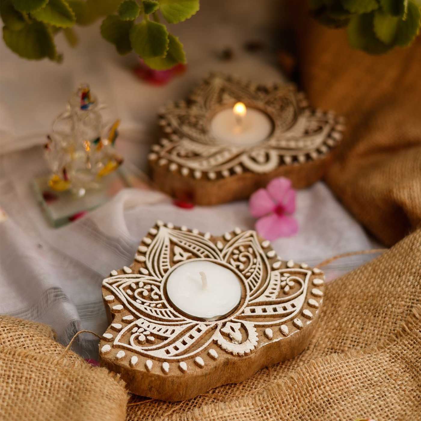 Wooden Hand Block Lotus Flower Shape Diya Pair