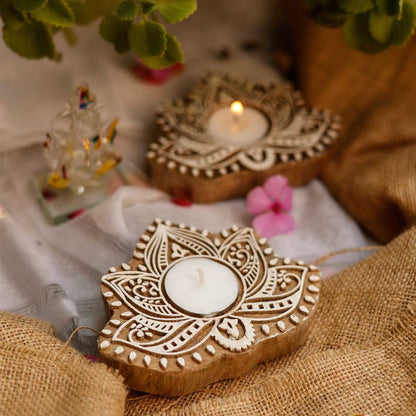 Wooden Hand Block Lotus Flower Shape Diya Pair