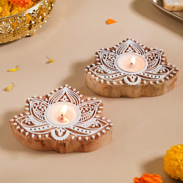 Wooden Hand Block Lotus Flower Shape Diya Pair