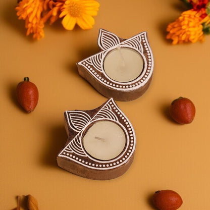 Wooden Hand Block Lotus Leaf Shape Diya Pair