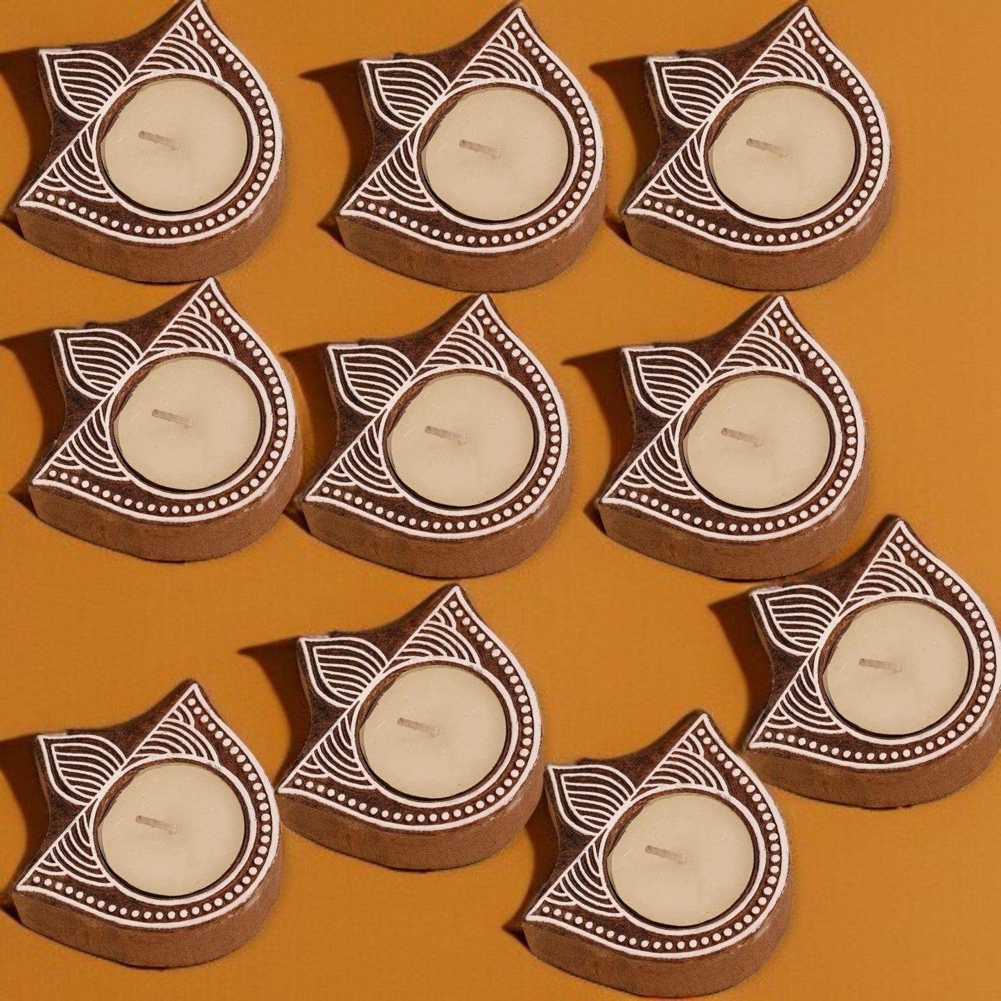 Wooden Hand Block Lotus Leaf Shape Diya Pair