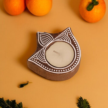 Wooden Hand Block Lotus Leaf Shape Diya Pair