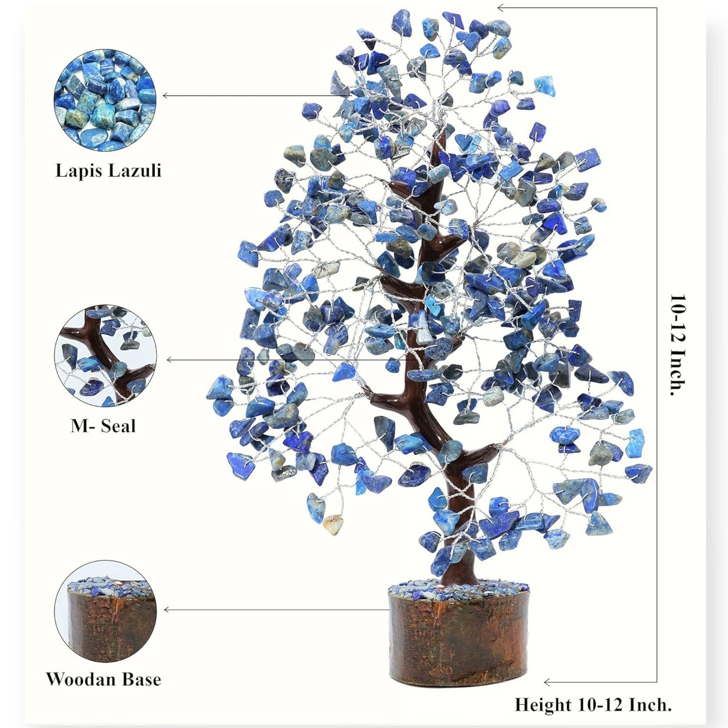 Decorative tree made of Lapis Lazuli stones with wooden base and measurements indicated.
