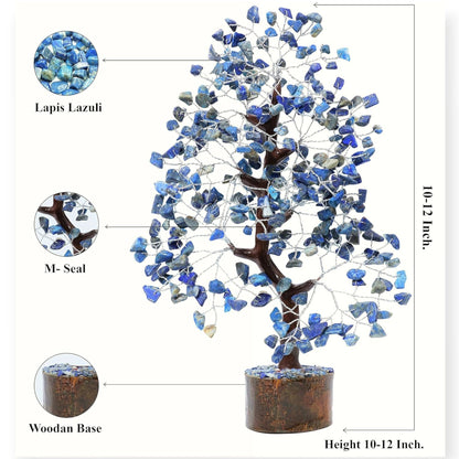 Decorative tree made of Lapis Lazuli stones with wooden base and measurements indicated.