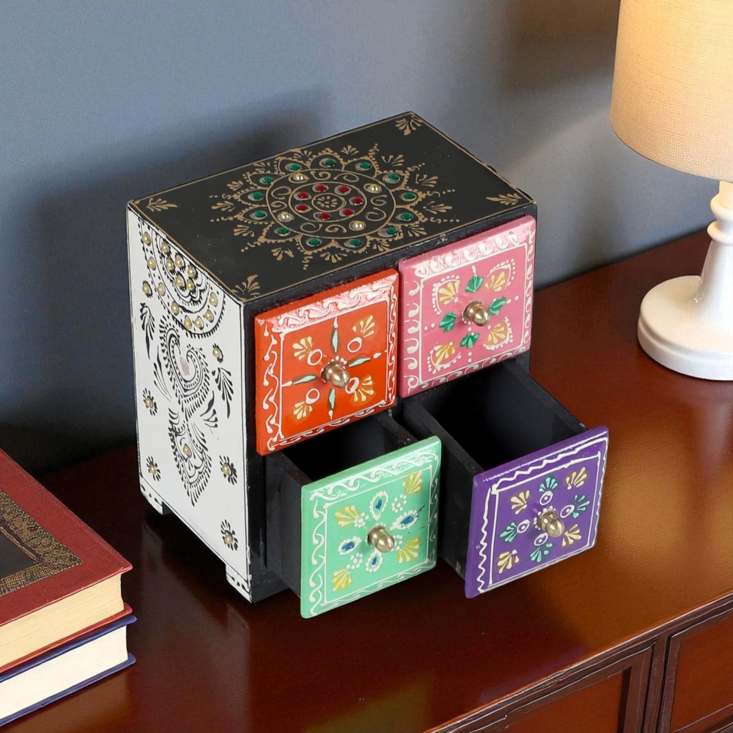 Wooden Hand Painted Drawer Storage Box With Floral Designs