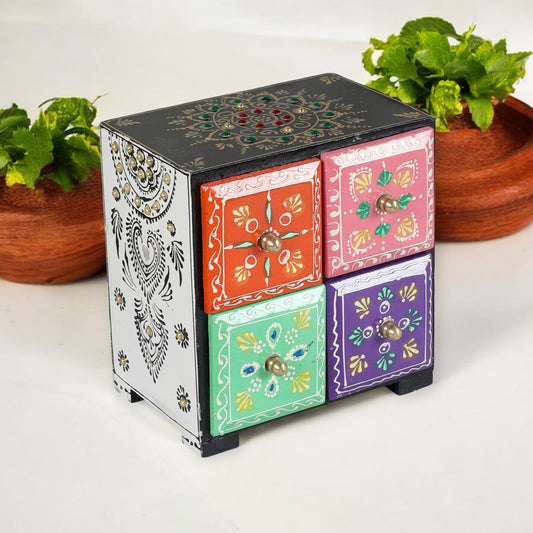 Wooden Hand Painted Drawer Storage Box With Floral Designs