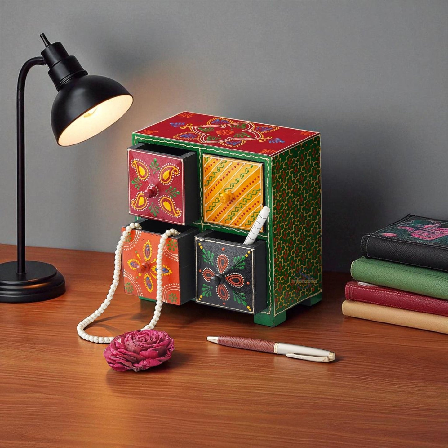Wooden Hand Painted Drawer Storage Box-Diya Glow Design