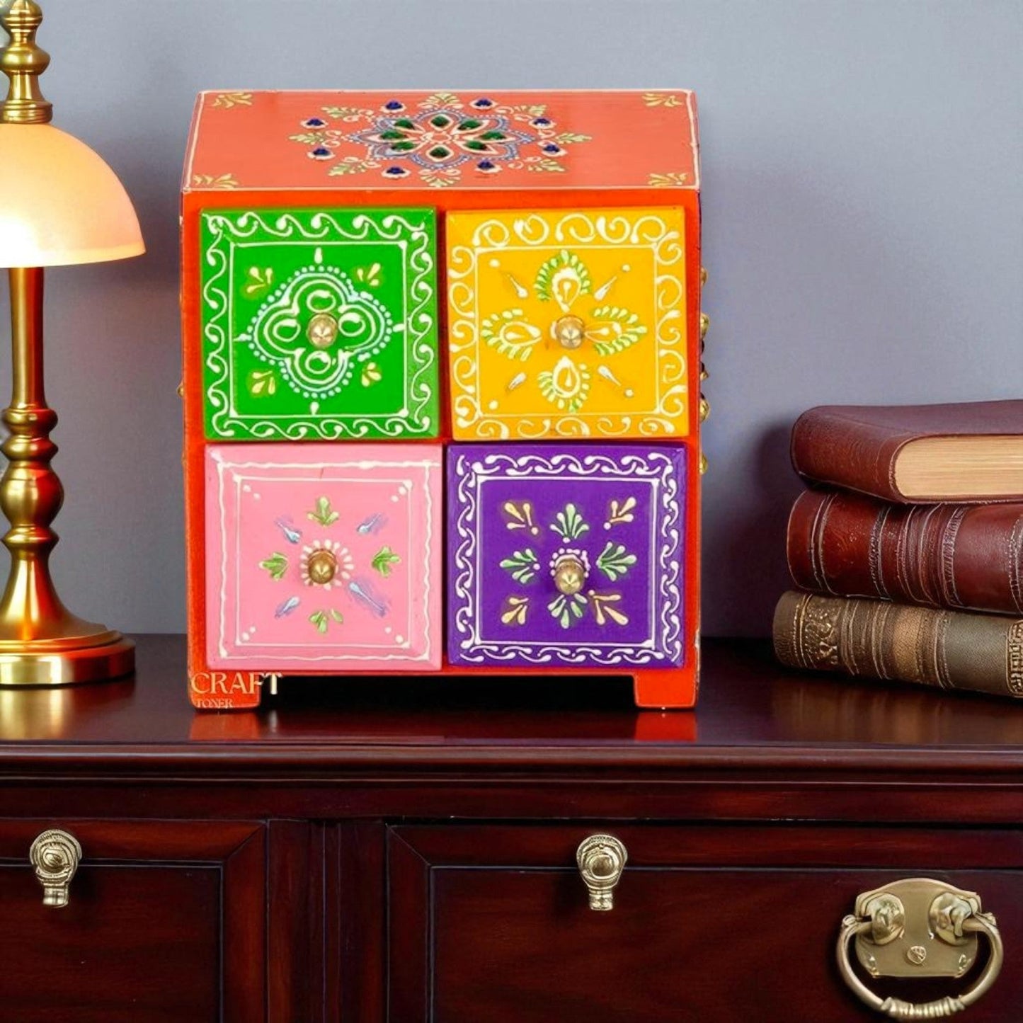 Wooden Hand Painted Drawer Storage Box-Phool Rangoli Desing
