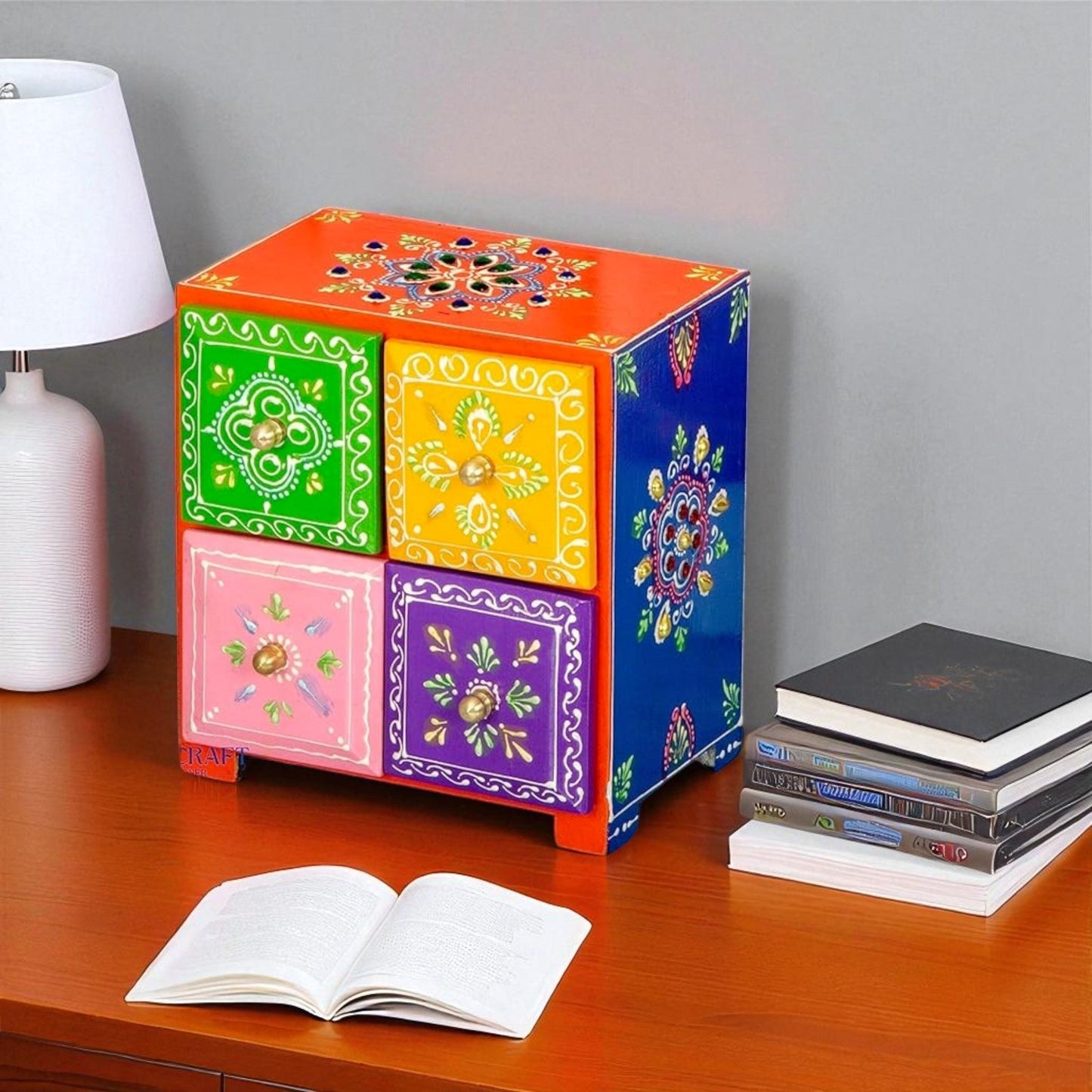 Wooden Hand Painted Drawer Storage Box-Phool Rangoli Desing