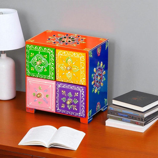 Wooden Hand Painted Drawer Storage Box-Phool Rangoli Desing