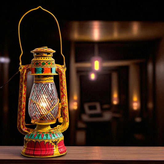 Metal Hand Painted Lantern With Bulb Holder-Yellow