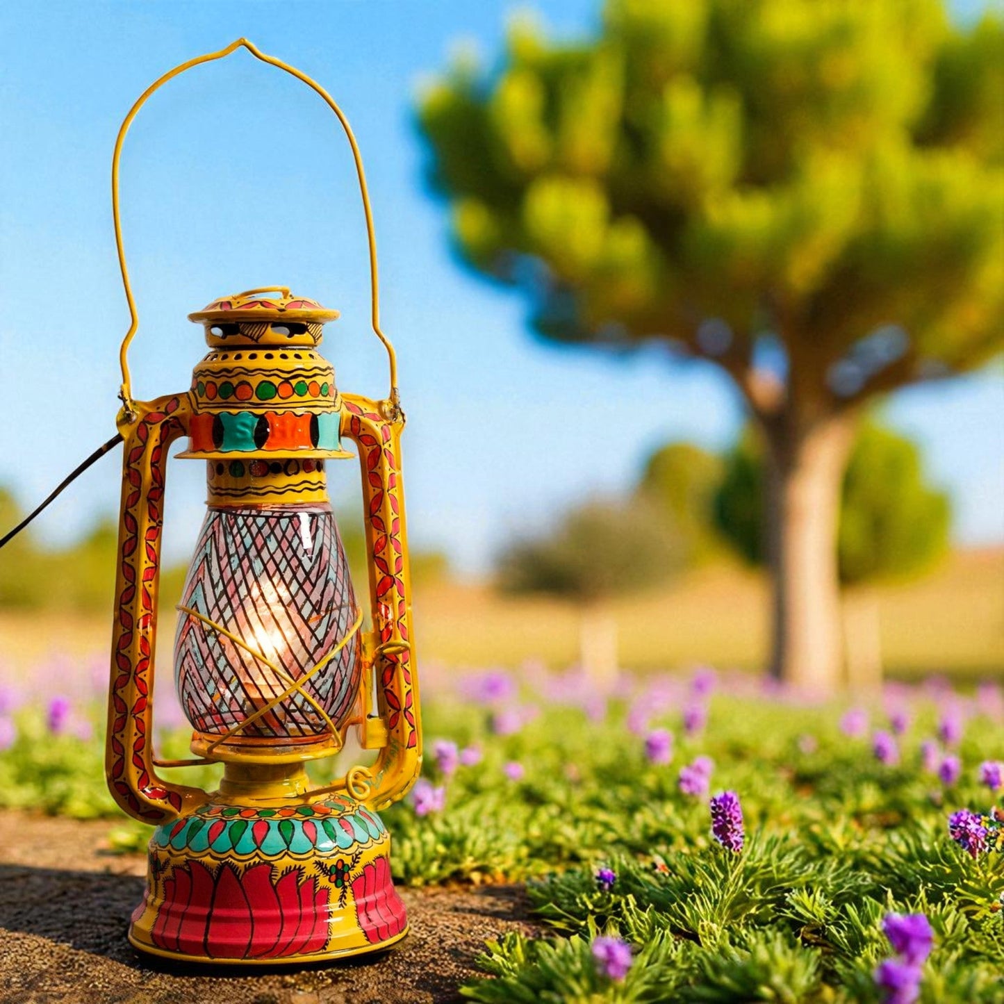 Metal Hand Painted Lantern With Bulb Holder-Yellow