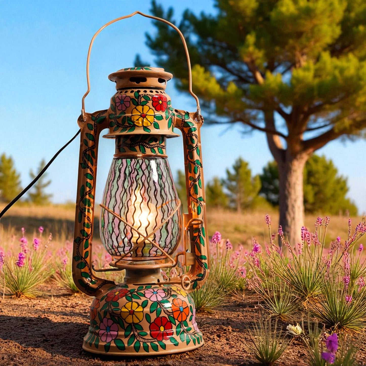 Hand Painted Metal Lantern With Bulb Holder Flower Design