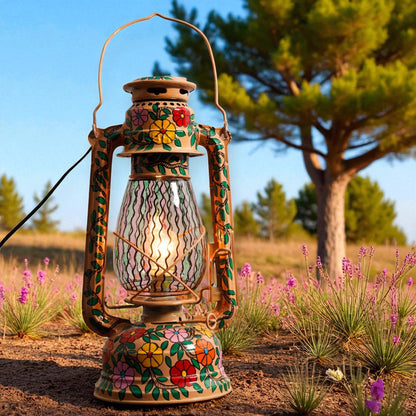 Hand Painted Metal Lantern With Bulb Holder Flower Design