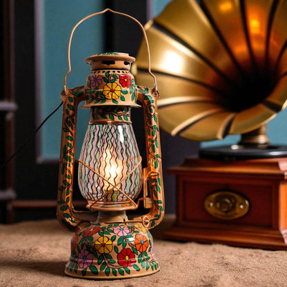 Hand Painted Metal Lantern With Bulb Holder Flower Design