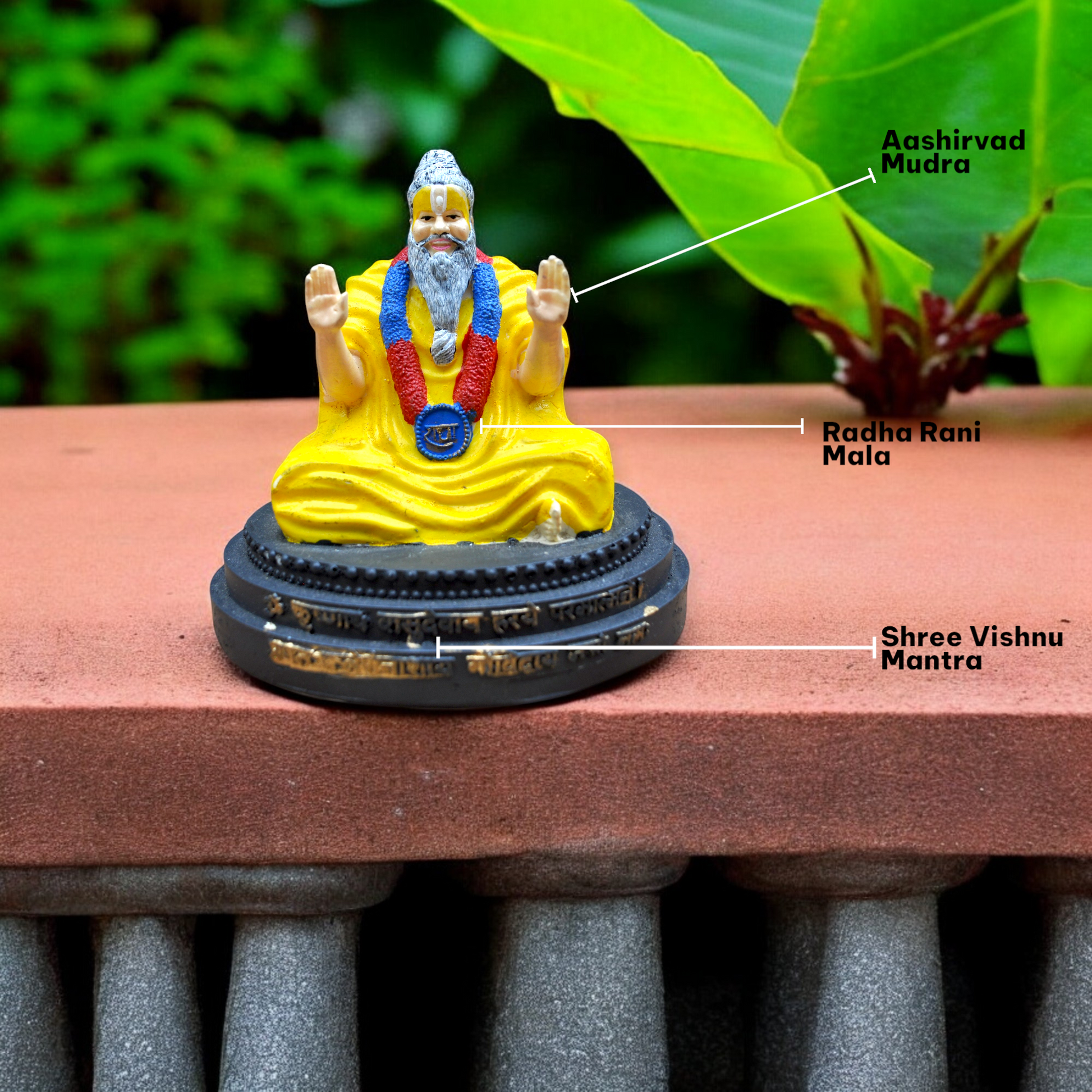Statue of a deity on a stand with labeled positions against a natural background