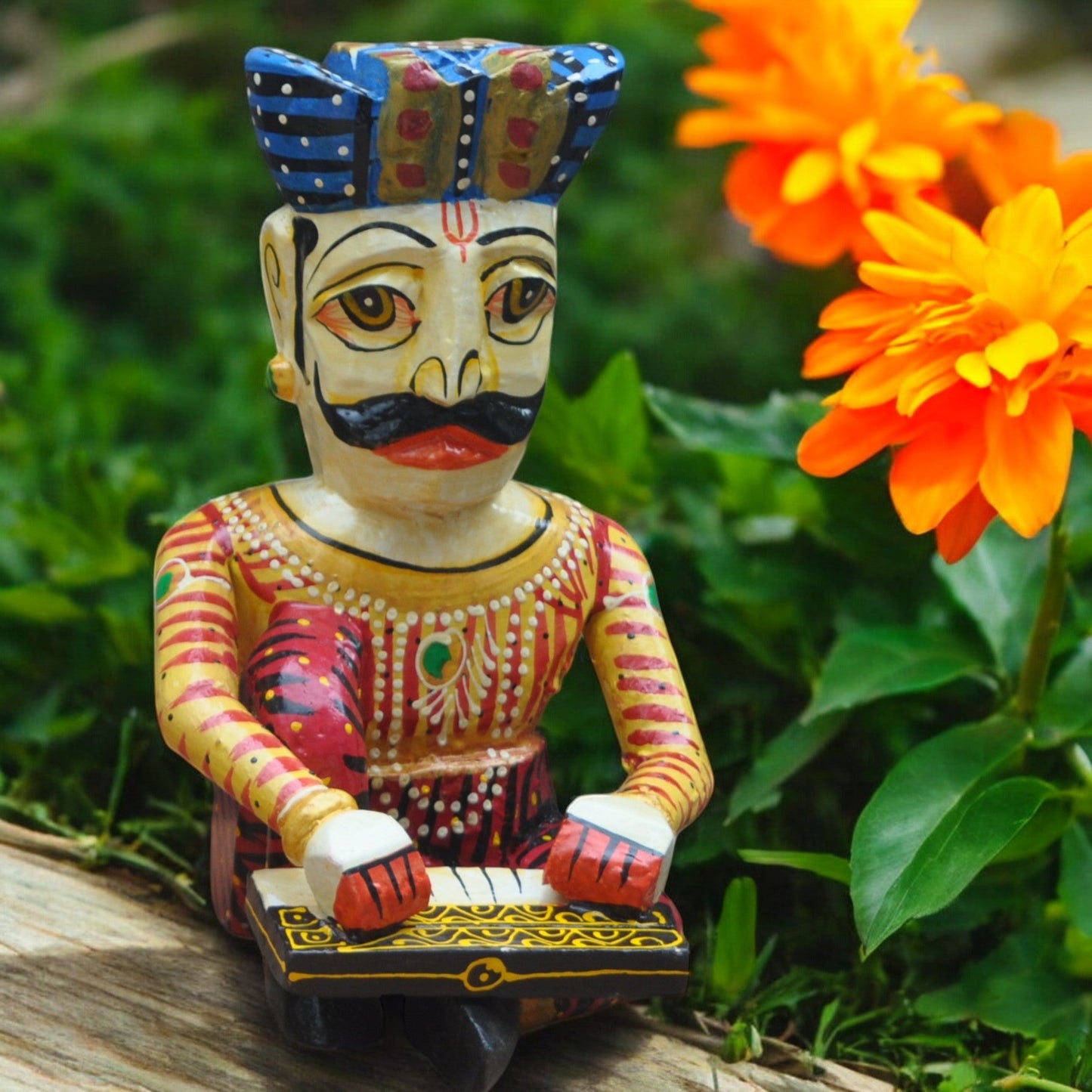 Wooden Hand-Painted Sitting Musician Figurine