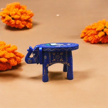 Wooden Hand Painted Elephant Stool - Blue