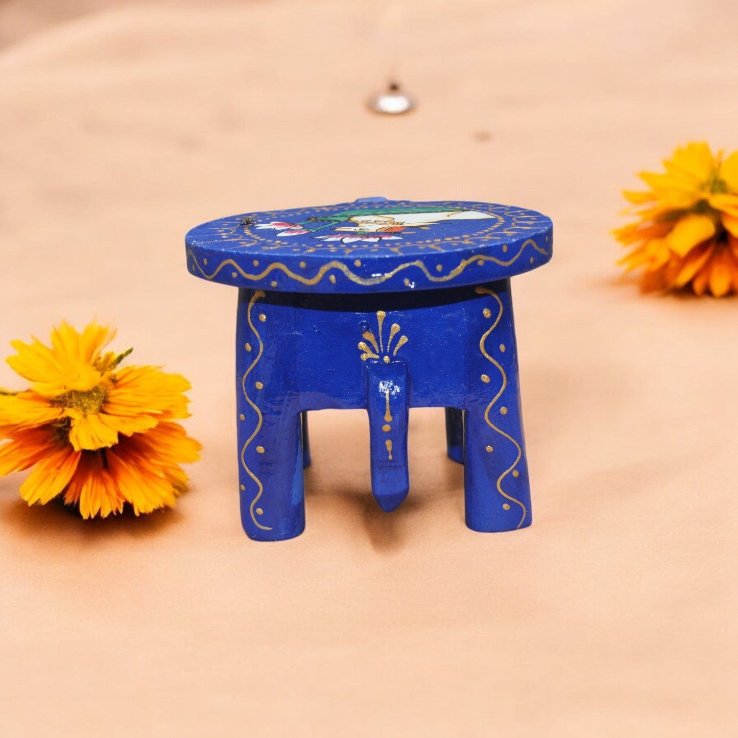 Wooden Hand Painted Elephant Stool - Blue