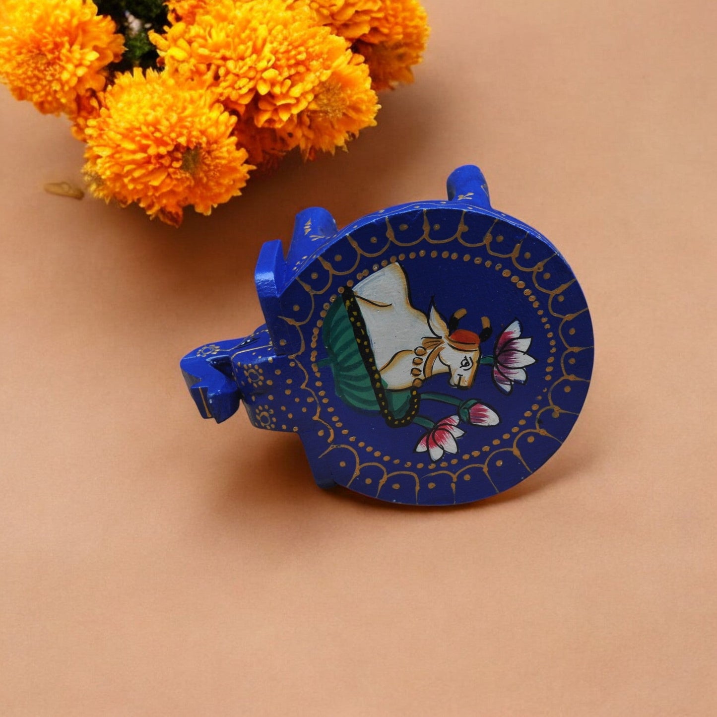 Wooden Hand Painted Elephant Stool - Blue