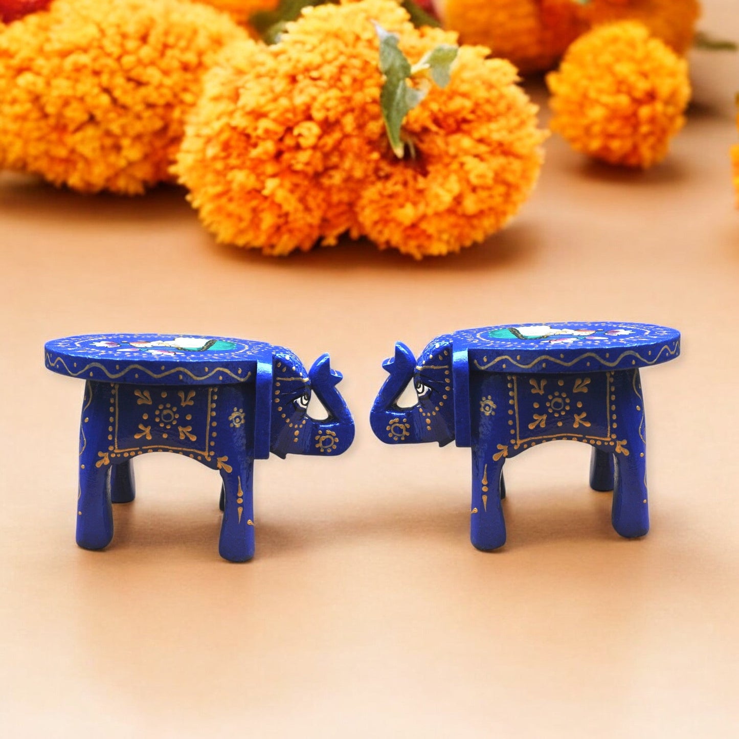 Wooden Hand Painted Elephant Stool - Blue