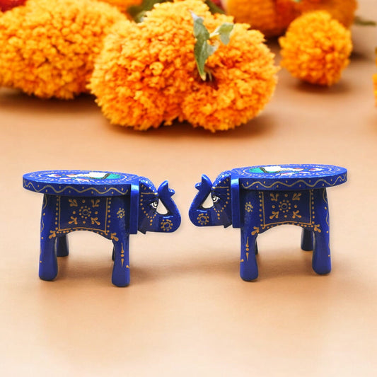 Wooden Hand Painted Elephant Stool - Blue