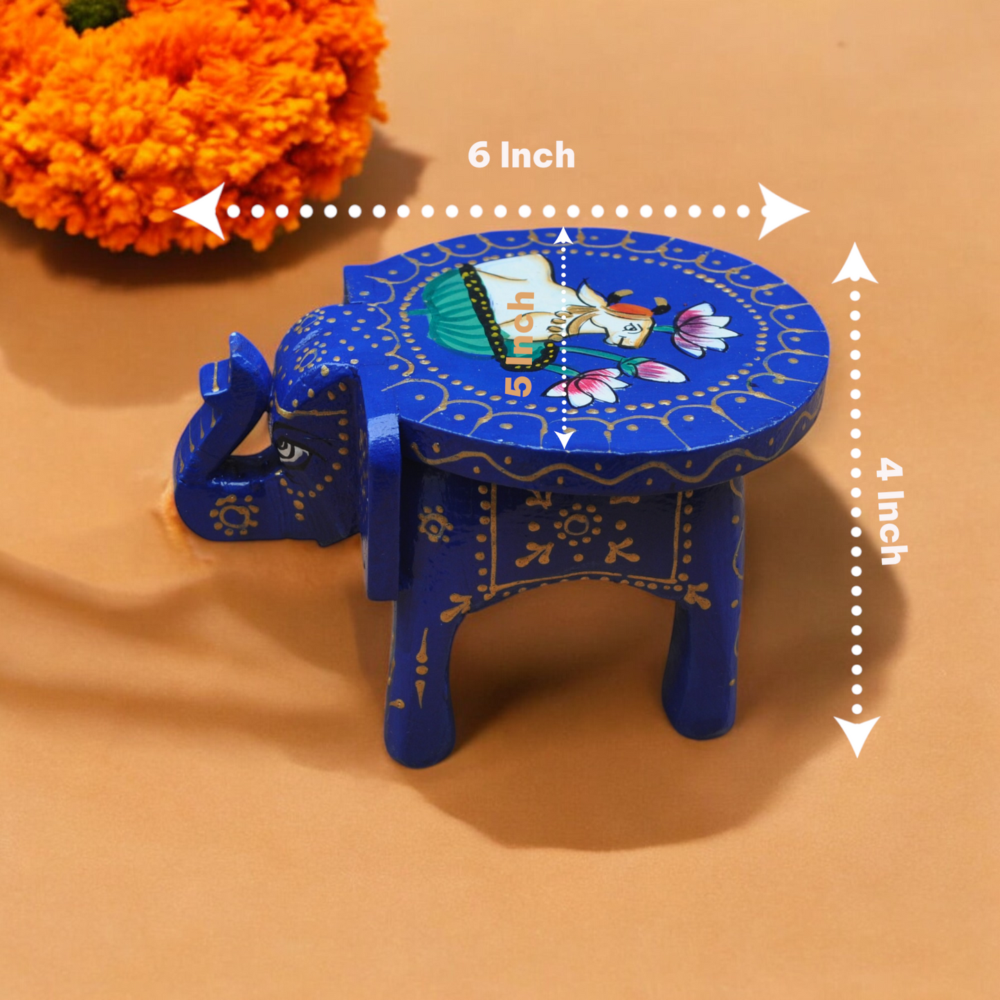 Wooden Hand Painted Elephant Stool - Blue
