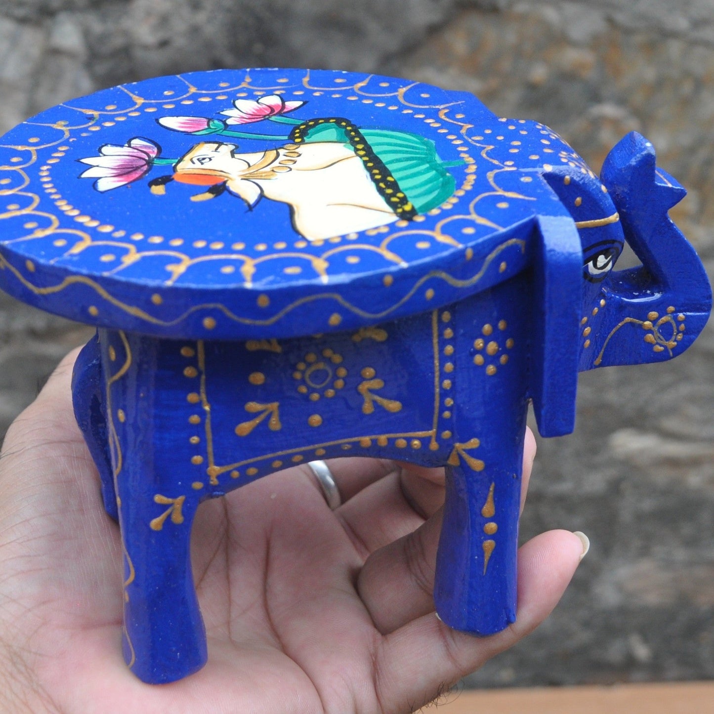 Wooden Hand Painted Elephant Stool - Blue