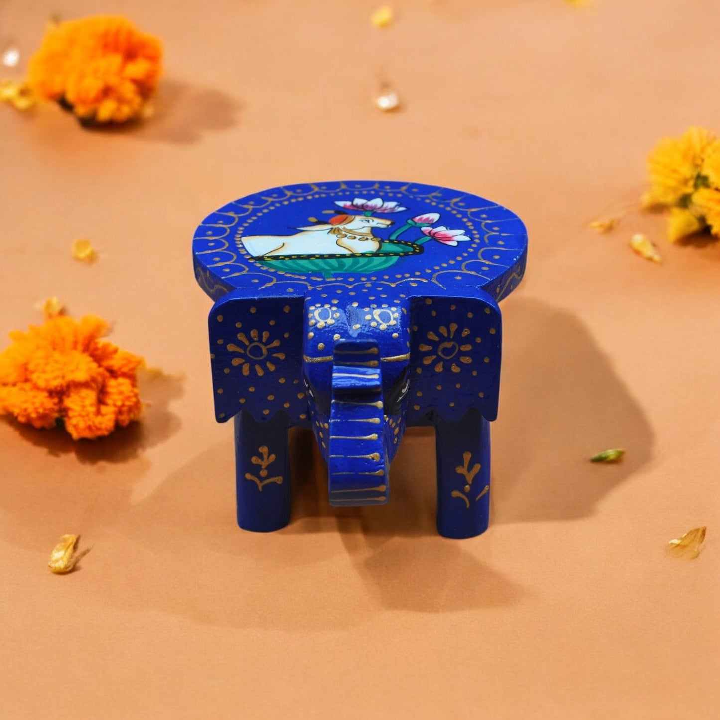 Wooden Hand Painted Elephant Stool - Blue