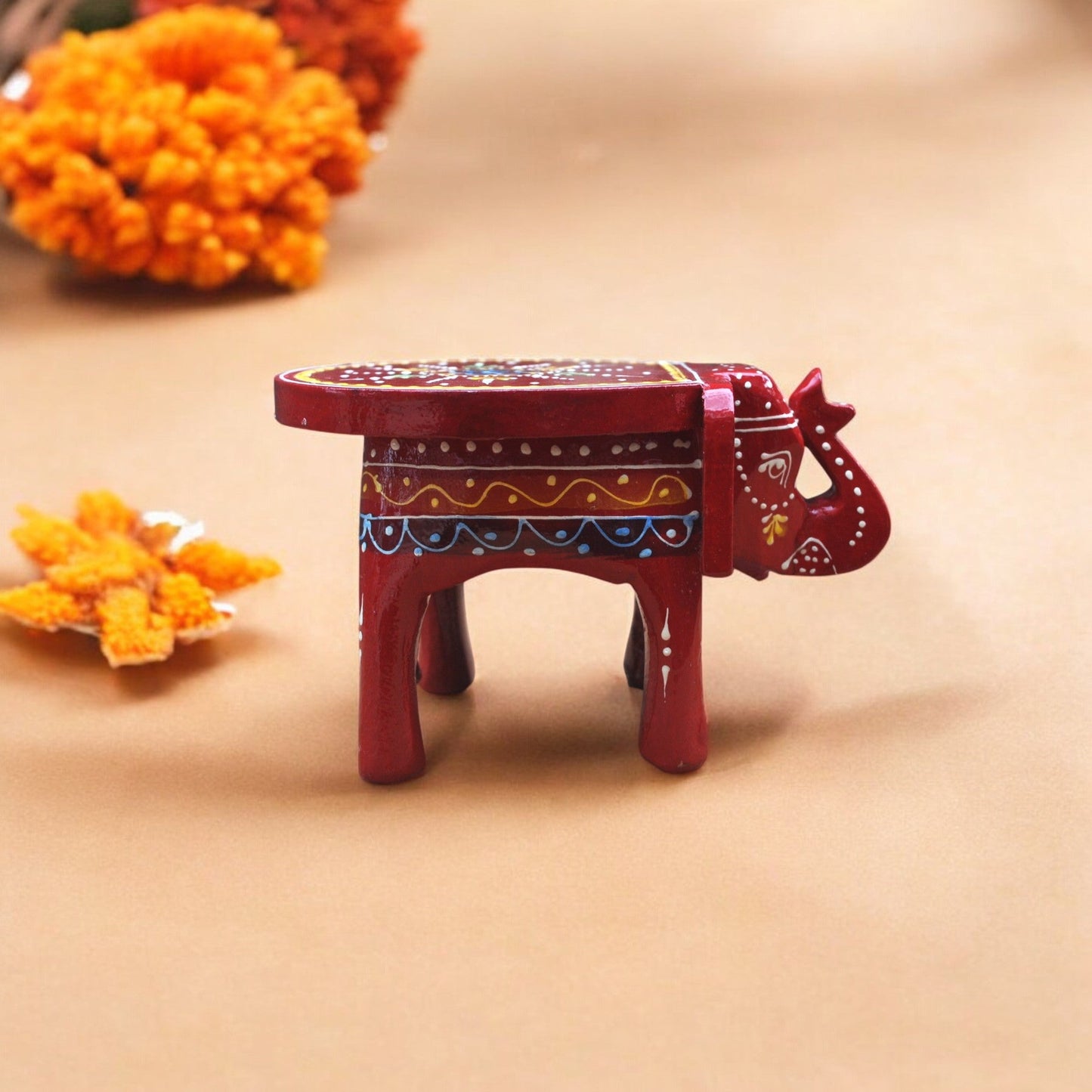 Wooden Hand Painted Small Elephant Stool - Red