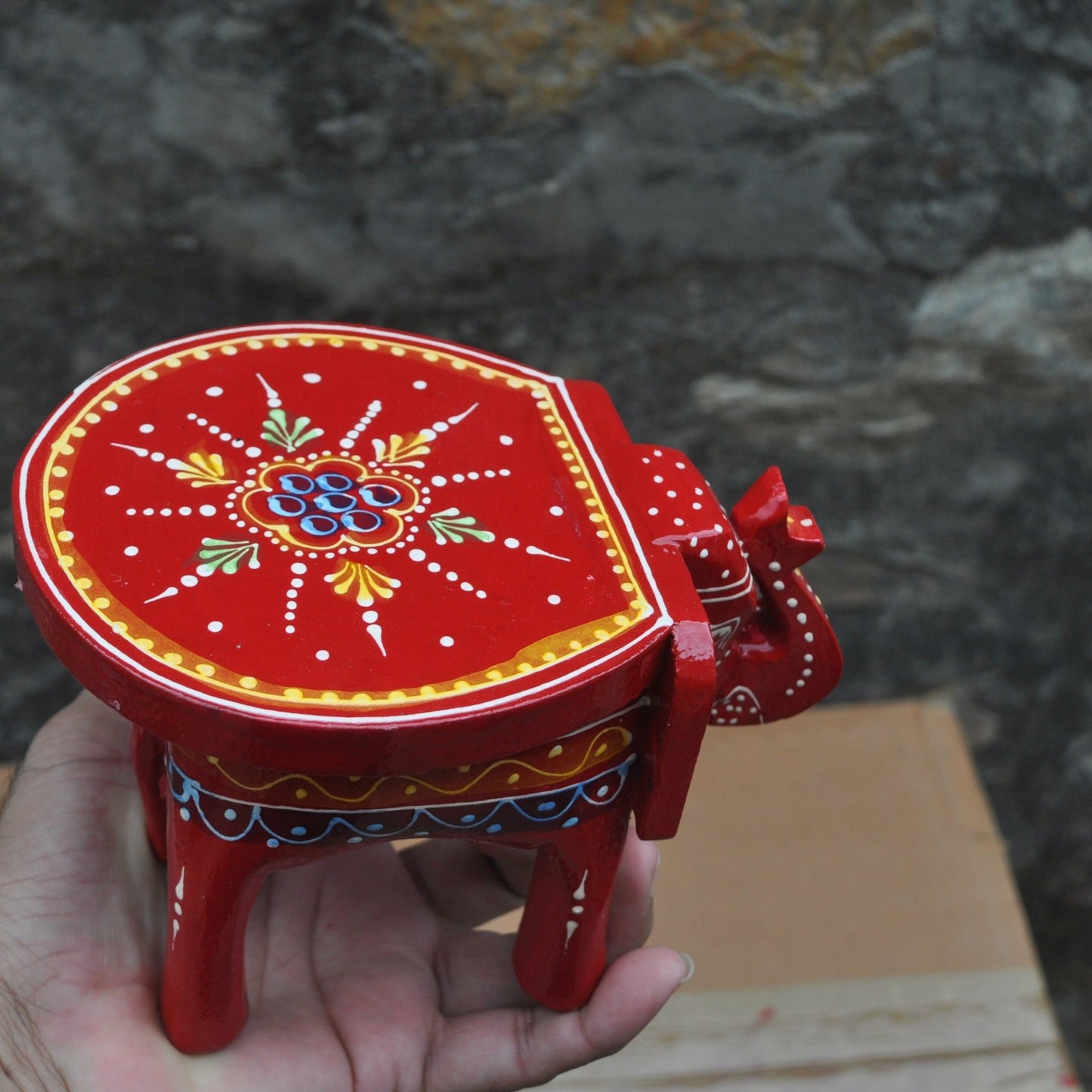 Wooden Hand Painted Small Elephant Stool - Red