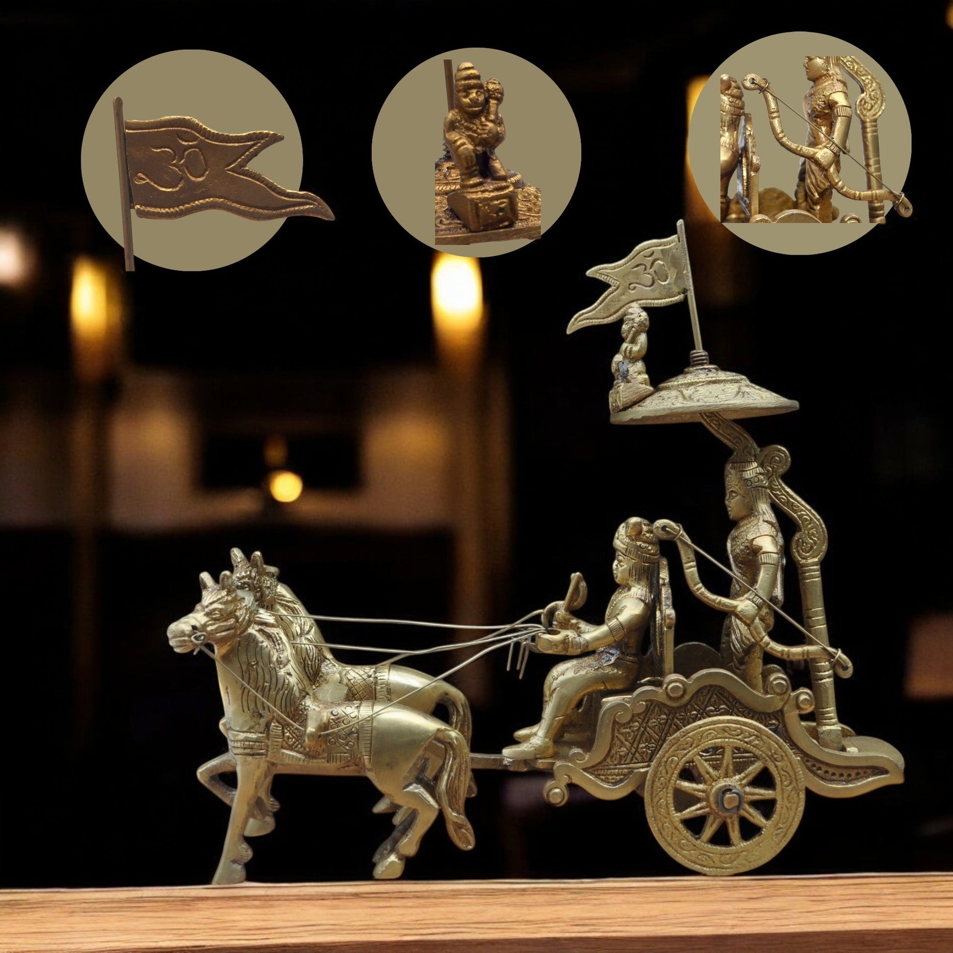 Decorative gold chariot sculpture with horse and figures on a wooden surface.
