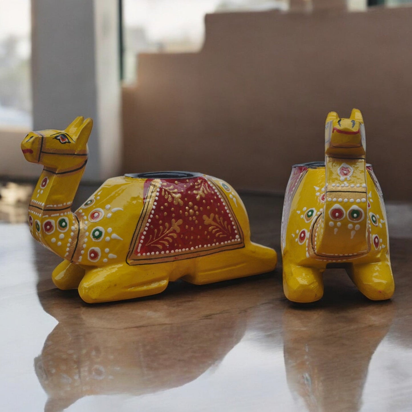 Wooden Camel Candle Holder Set Yellow
