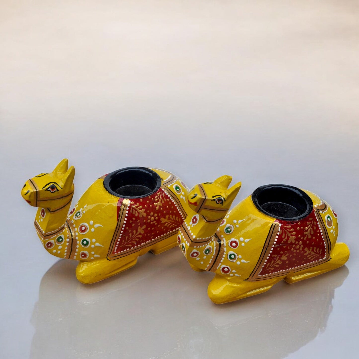 Wooden Camel Candle Holder Set Yellow
