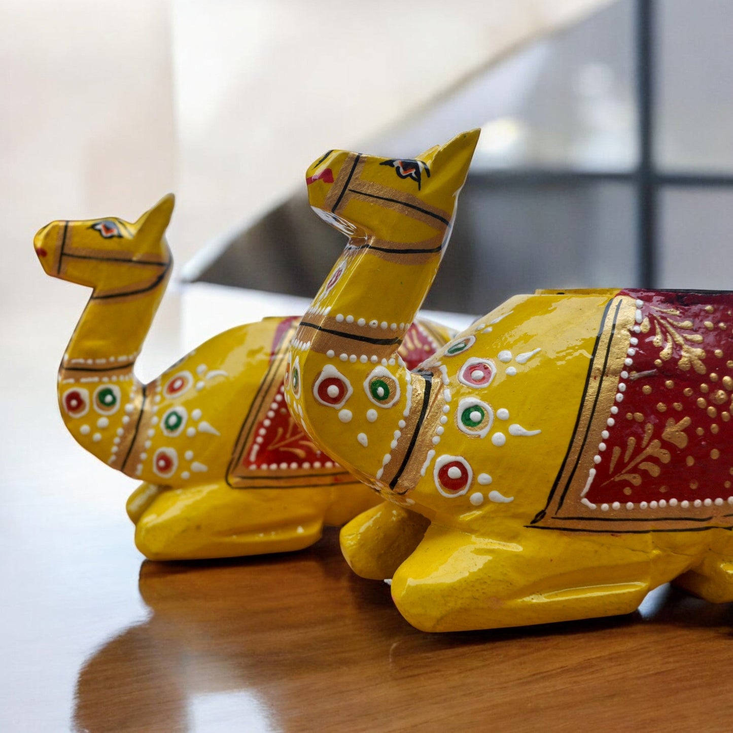 Wooden Camel Candle Holder Set Yellow