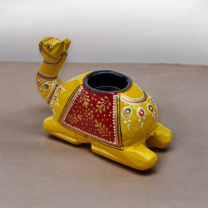 Wooden Camel Candle Holder Set Yellow