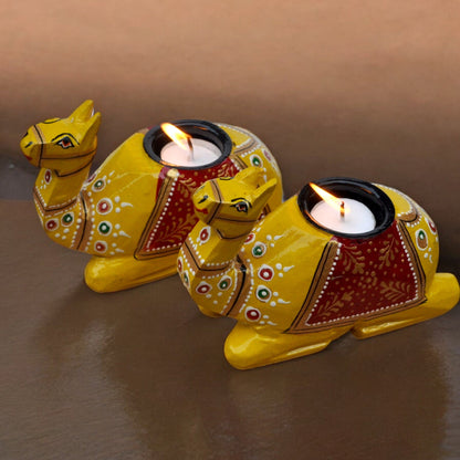 Wooden Camel Candle Holder Set Yellow