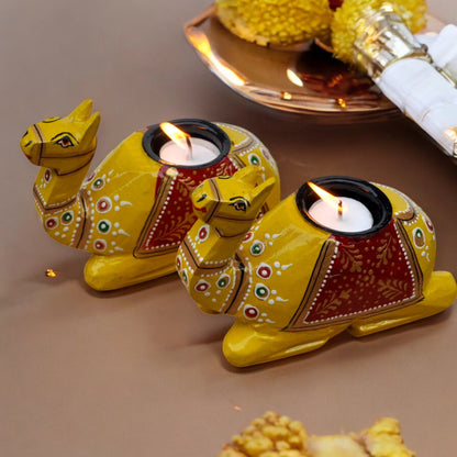 Wooden Camel Candle Holder Set Yellow