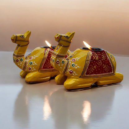Wooden Camel Candle Holder Set Yellow