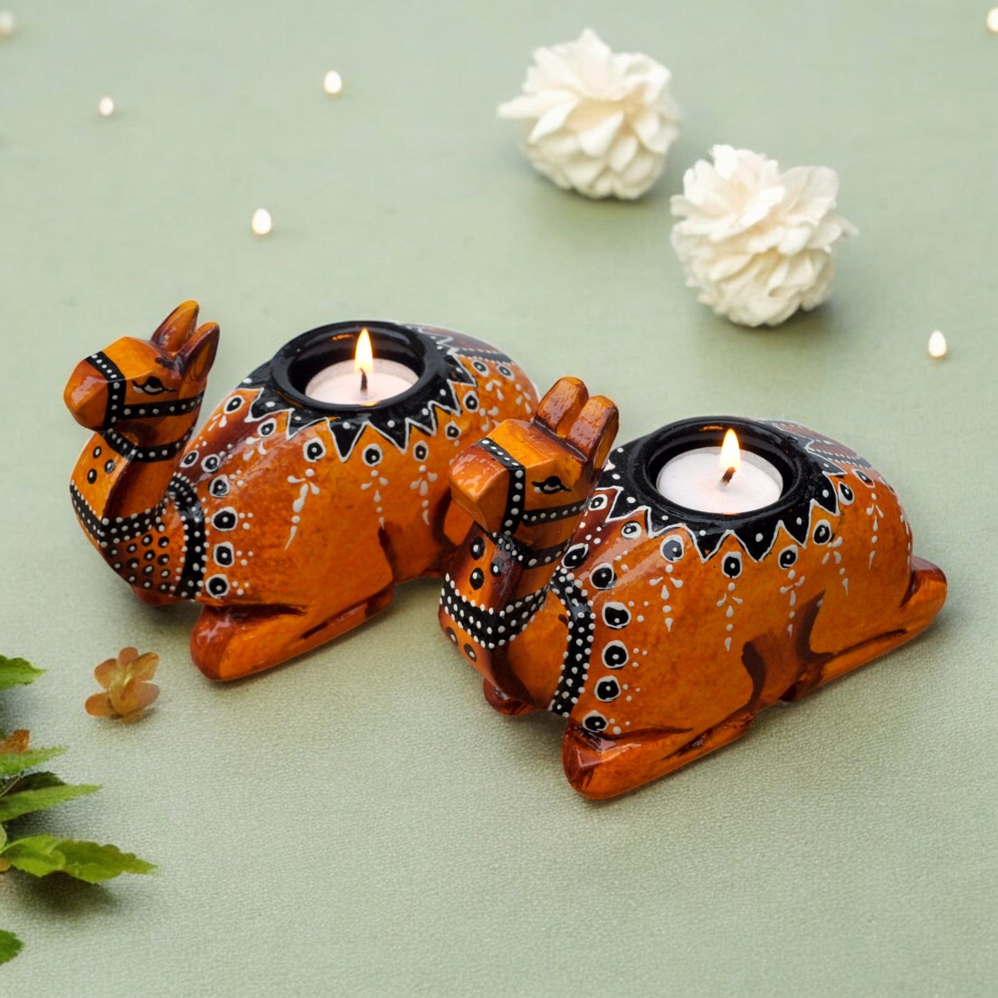 Wooden Camel Candle Holder Set Brown