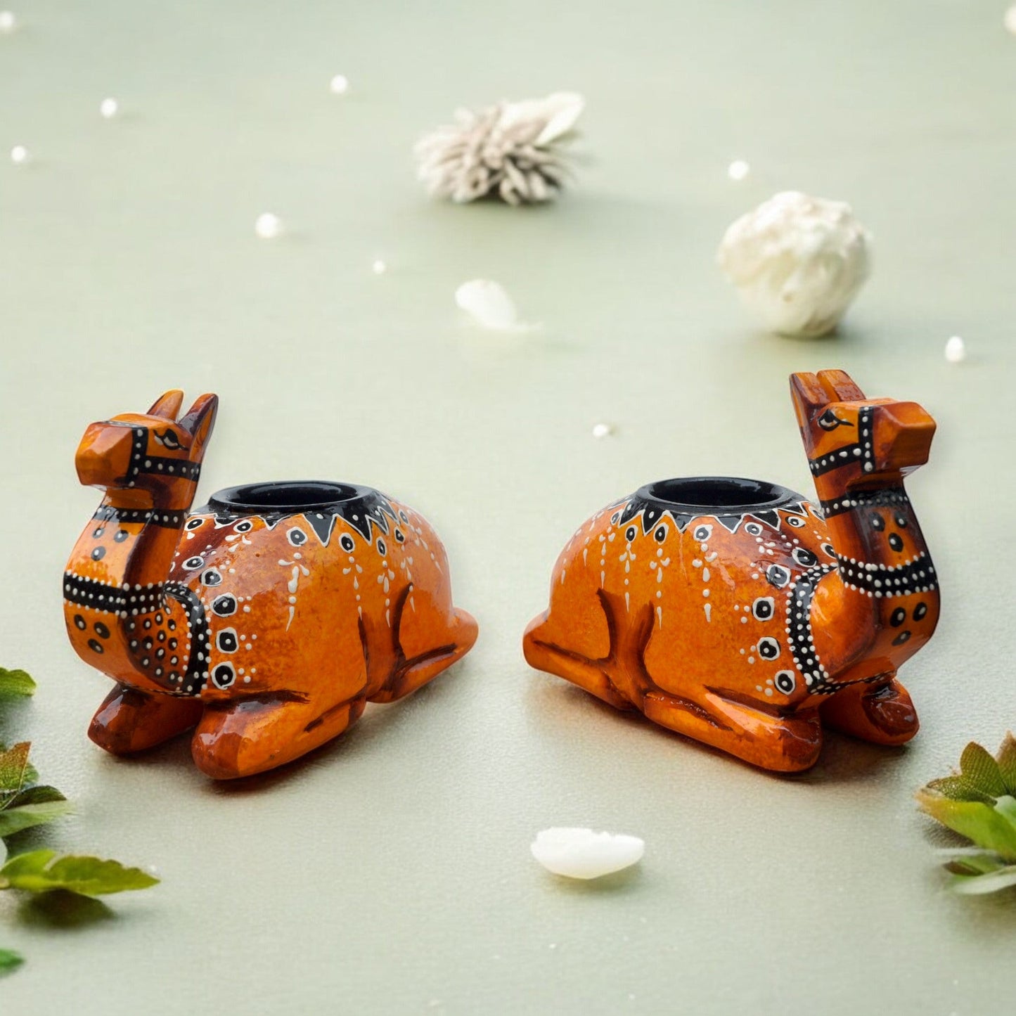 Wooden Camel Candle Holder Set Brown