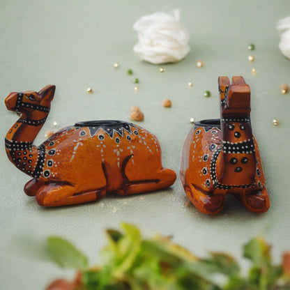 Wooden Camel Candle Holder Set Brown