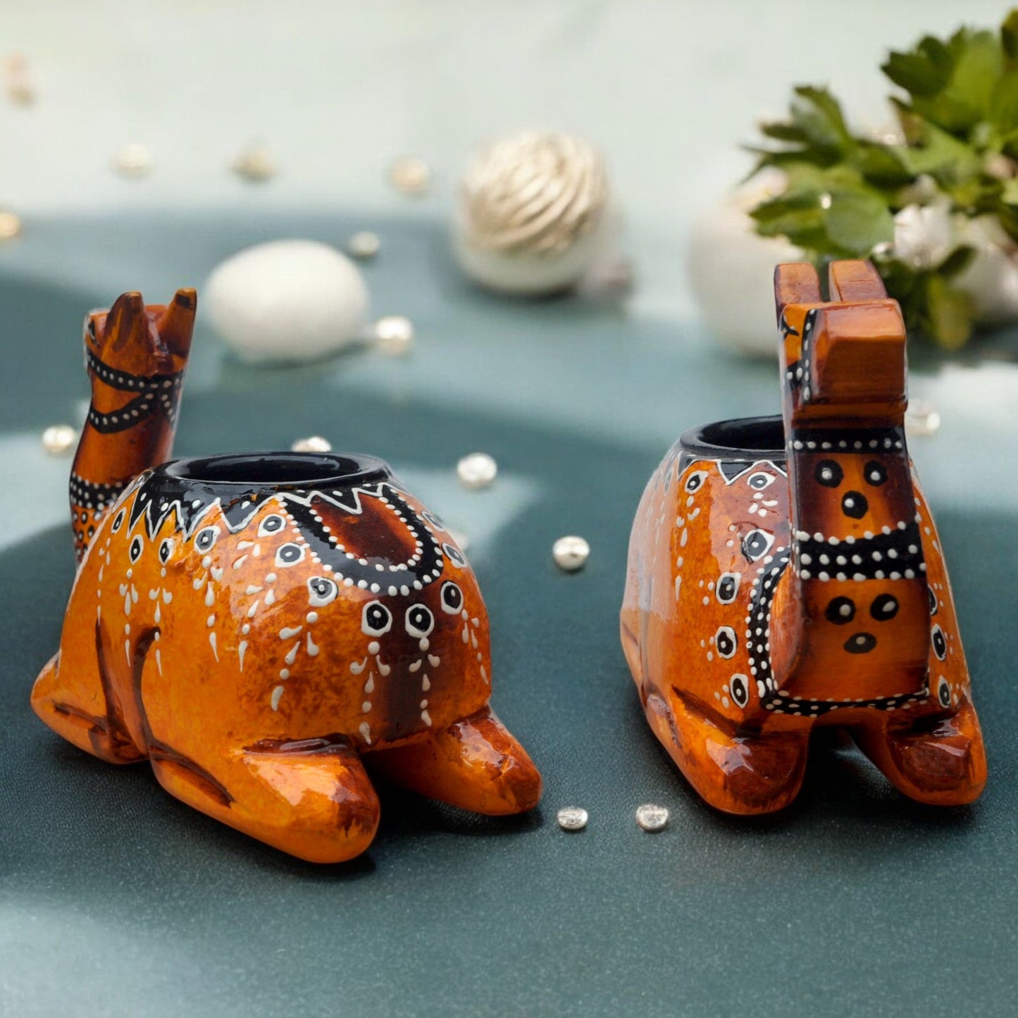 Wooden Camel Candle Holder Set Brown