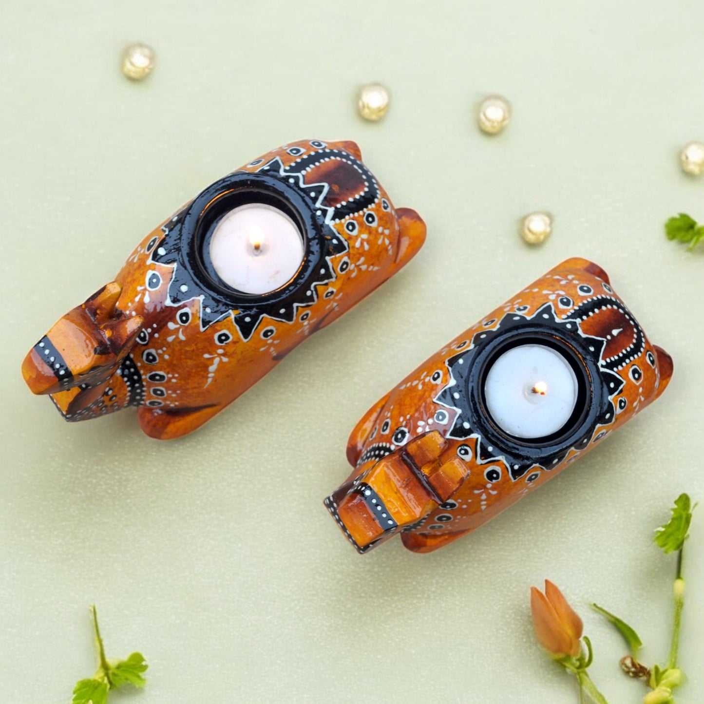 Wooden Camel Candle Holder Set Brown