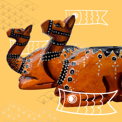 Wooden Camel Candle Holder Set Brown